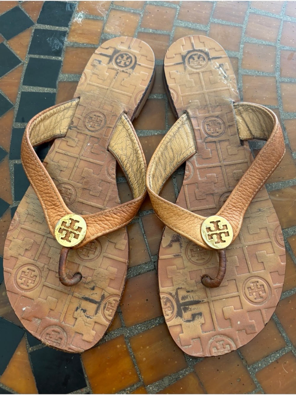 Tory Burch Brown Leather Flip Flop Sandals with Gold Logo